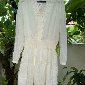 Elegant White Linen Ling Sleeve Dress L